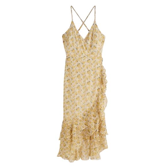 Abercrombie & Fitch Floral Midi Dress Large Yellow Ruffle Feminine Garden Party - Picture 2 of 10